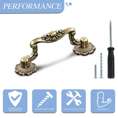 Antique Bronze Cabinet Pulls Set Of 10 With 3 Inch Hole Centers and included screws and screwdriver shown in close-up.