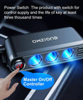 12V Car Lighter Socket Splitter With 7 Ports USB PD Type C 30W QC3 18W Quick Charge 3 Lighter Sockets 200W Total Eyelet Terminal Power Outlet Multi Port Car Charger For Fast On The Go Device Charging, showing three illuminated sockets and power switch.