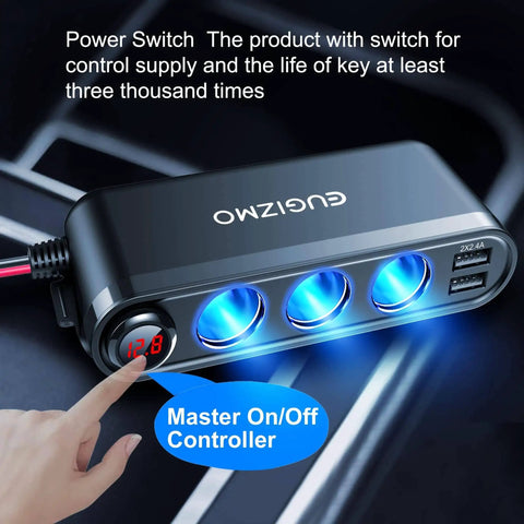 12V Car Lighter Socket Splitter With 7 Ports USB PD Type C 30W QC3 18W Quick Charge 3 Lighter Sockets 200W Total Eyelet Terminal Power Outlet Multi Port Car Charger For Fast On The Go Device Charging, showing three illuminated sockets and power switch.