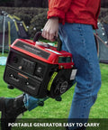 Person carrying Ultralight 1200W 2 Stroke Portable Generator For Camping And Outdoor Adventures with handle, grass background