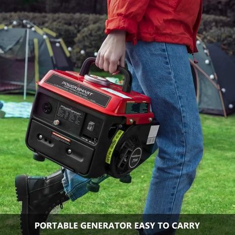 Person carrying Ultralight 1200W 2 Stroke Portable Generator For Camping And Outdoor Adventures with handle, grass background