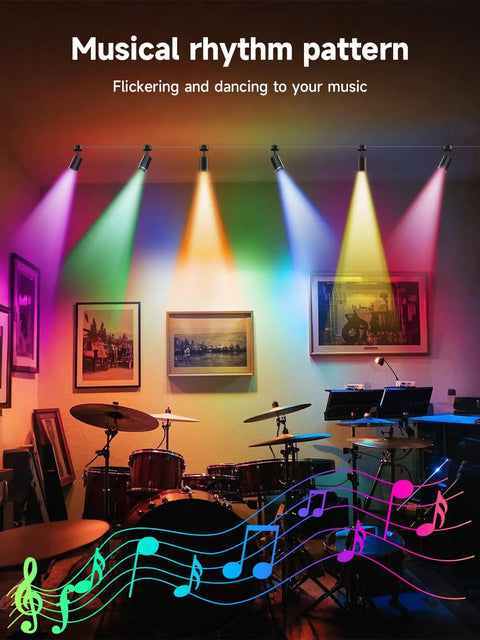 RGB LED Indoor Spot Lights With Color Changing, App And Remote Control illuminating a music room with vibrant colors
