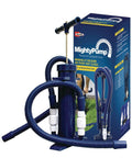 Hand Operated AC Condensate Pump No Electricity For Easy Drain Cleaning Heavy Duty PVC Clears Slime Mold And Dirt From Primary And Secondary Drain Lines HVAC DIY Tool displayed with packaging and blue pump with attached hoses
