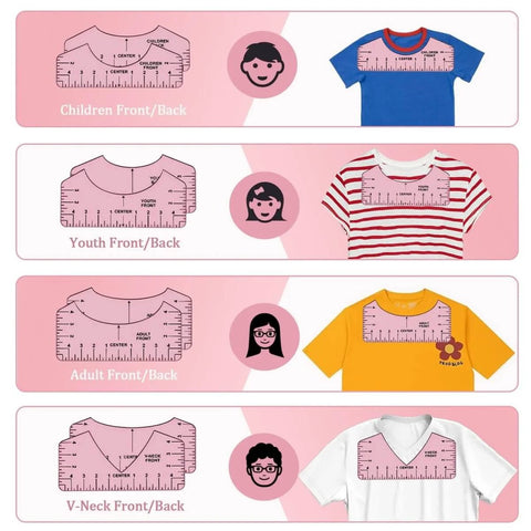 Alignment rulers for children, youth, adult round neck and V-neck shirts in 66 Piece Pro Grade Sublimation Shirts Tool Kit.