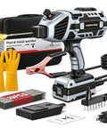 Welding Machine Handheld 110V Portable Stick Welder 20-120A IGBT Inverter, gloves, rods, and case displayed, grayish black.