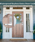 Keyless Entry Door Lock With Handle And Mechanical Keypad Digital Combination Front Door Lock Set No Fuss Weatherproof Outdoor Gate Lock For Fences Reversible Handle Auto Lock Easy Install Silver on wooden front door in rain.
