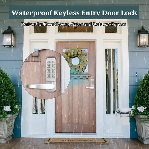 Keyless Entry Door Lock With Handle And Mechanical Keypad Digital Combination Front Door Lock Set No Fuss Weatherproof Outdoor Gate Lock For Fences Reversible Handle Auto Lock Easy Install Silver on wooden front door in rain.