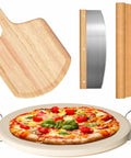5 Piece Round Pizza Stone Set With 13 Inch Stone, Oak Wood Pizza Peel, 12 By 17 Paddle, Serving Rack, Large Pizza Cutter, And Ten Free Parchment Papers displayed