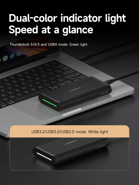Blazing 80Gbps M.2 Nvme Ssd Enclosure showing dual-color indicator light with green and white modes for speed.