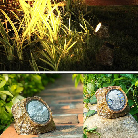 Solar Powered Rock Lights Outdoor Dope 2 Pack With 10 LED Waterproof Stones illuminating garden path, decorative stone look