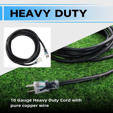 Close-up of 25 Foot Lighted Outdoor Extension Cord With 3 Prong Grounded Plug, Heavy Duty 10 3 SJTW Cable, UL Listed on grass.