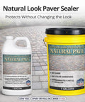 Heavy Duty Water Based Paver And Concrete Sealer Shields Brick Stone Masonry 5-gallon bucket and gallon container side by side.