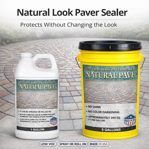 Heavy Duty Water Based Paver And Concrete Sealer Shields Brick Stone Masonry 5-gallon bucket and gallon container side by side.