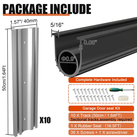 Heavy Duty Garage Door Bottom Seal Kit With 16.5Ft EPDM Rubber, Pre Drilled Aluminum Track Retainer, hardware included
