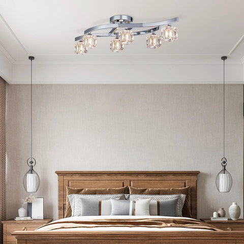 Bedroom with Modern Elegant Glass Crystal Ceiling Chandelier Six Light Chrome Flush Mount Lighting Fixture, dimmable bulbs