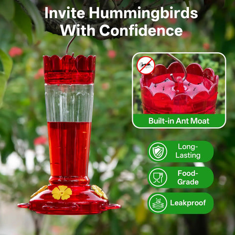 2 Pack 14 Ounce Plastic Hummingbird Feeders With Ant Moat And Bee Guard For Outdoors, Four Feeding Ports And Perches, Leak Proof