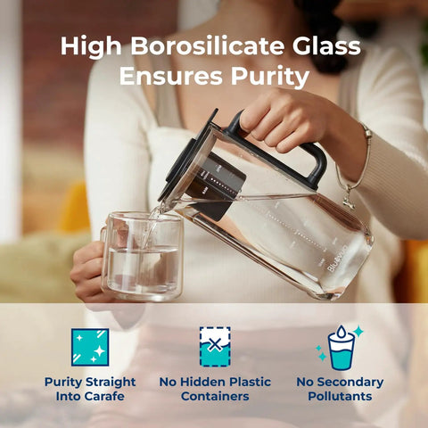 Woman pouring water from Replacement Carafe for RO100ROPOT Lite Reverse Osmosis System Fits Perfectly, Easy Install, BPA Free.