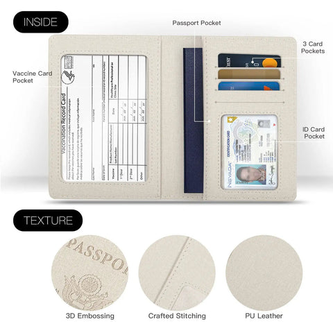 Inside view of a white passport wallet showing passport, vaccine card, ID, and card slots, made from PU leather with 3D embossing.