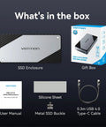 Blazing Fast M2 NVMe SSD Enclosure In Solid Aluminum Built In Cooling Fan For Thunderbolt And USB showing contents included in the box.