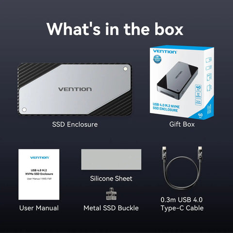 Blazing Fast M2 NVMe SSD Enclosure In Solid Aluminum Built In Cooling Fan For Thunderbolt And USB showing contents included in the box.