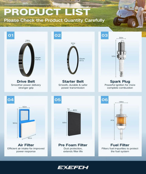 Golf Cart Tune Up Kit With Drive Belt And Starter Generator Belt For Yamaha G16 G19 G22 G29 1996 Up 4 Cycle 301cc 357cc Engines Includes Pre Fuel Filter Air Filter Spark Plug And All Essential Components For Quick Maintenance product list with drive belt, starter belt, spark plug, air filter, pre foam filter, and fuel filter visible.
