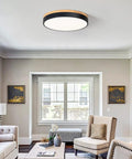 Modern Wood LED Ceiling Light Fixture With Gray Flush Mount Round Ceiling Lamp in living room setting