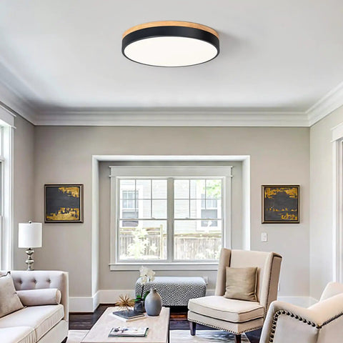 Modern Wood LED Ceiling Light Fixture With Gray Flush Mount Round Ceiling Lamp in living room setting