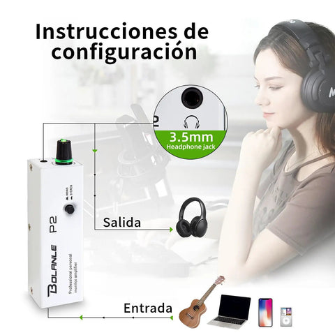 P2 Portable In Ear Monitor Amplifier With XLR TRS Input And Stereo Mono Switch for musicians, setup instructions visible