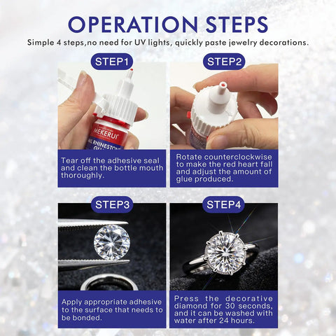 Strong Hold Jewelry Repair Glue With Ultra Fine Tip For Earrings And Necklaces Rhinestone And Gem Adhesive Quick Dry Clear Water Resistant No Mess For DIY Jewelry Fixes operation steps shown with gluing process.