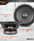 8 Inch Midbass Speaker 8MB450 V2 Pair, 450 Watts, 8 Ohm, Two Inch Voice Coil, High Output Pro and Car Audio Loudspeakers front and side view