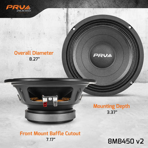 8 Inch Midbass Speaker 8MB450 V2 Pair, 450 Watts, 8 Ohm, Two Inch Voice Coil, High Output Pro and Car Audio Loudspeakers front and side view