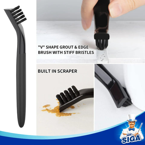 Grout Cleaning Brush Set With V Shape Edge Brush showing stiff bristles and built-in scraper for cleaning grout and edges