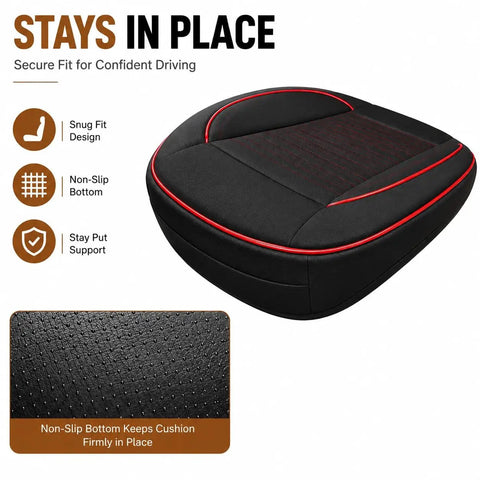 Top Tier Breathable Leather Front Seat Cushion With Plush Padding And Non Slip Grip For Tesla Cybertruck Model 3 Model S And Just About Any Daily Driver In Bold Red, side view showing non-slip bottom and snug fit design.