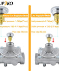 Front view of Aupoko 1/2 in gas pressure regulator with natural gas and LPG modes, brass 1/2 in NPT adapters