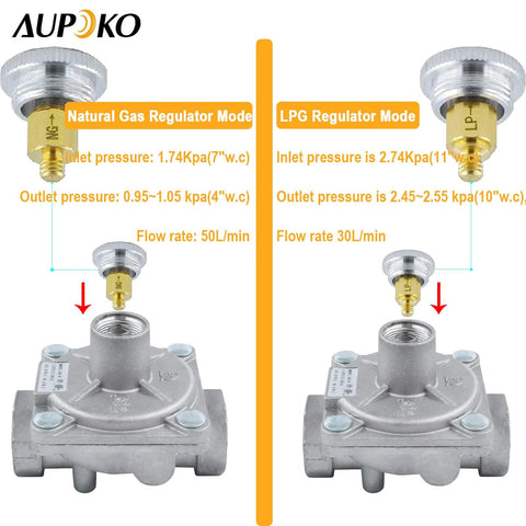 Front view of Aupoko 1/2 in gas pressure regulator with natural gas and LPG modes, brass 1/2 in NPT adapters