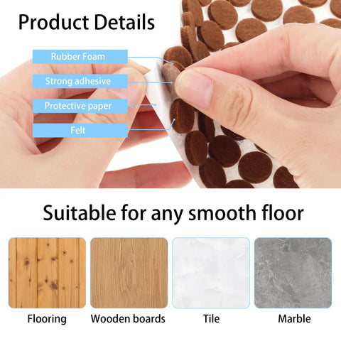 48 Pack Heavy Duty Brown Self Adhesive Felt Cabinet Door Pads Half Inch Diameter round furniture pads showing adhesive backing.