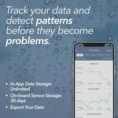 SensorPush HTP.xw smart temperature and humidity sensor; smartphone app shows temp, humidity, and pressure graphs.