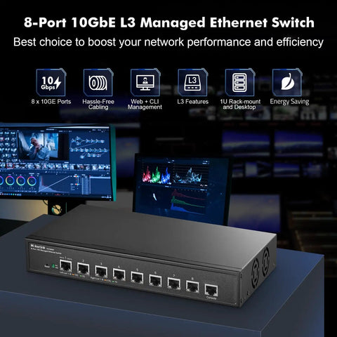 8 Port 10G Managed Ethernet Switch With Auto Adaptive 10G 5G 2Point5G And 1G Speeds L3 Web And CLI Management on desk