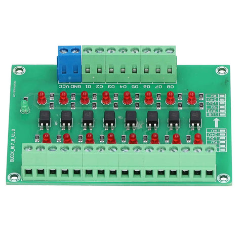 Optical Isolation Module 8 Channel Optocoupler PLC Signal Converter Board with common anode and cathode inputs, top view