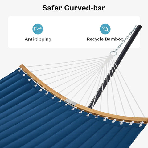 Curved Bar Hammock With Stand For Two People Heavy Duty Frame Detachable Pillow And Portable Carrying Bag For Outdoor And Indoor Use Navy Blue With A 12 Ft Polyester Fabric And Adjustable Height For Total Chill Comfort, showing curved bar design detail.