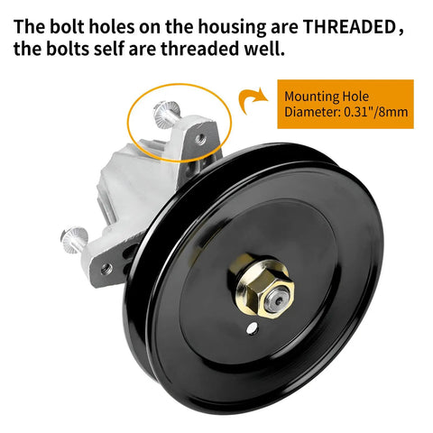 Bulletproof Blade Spindle Assembly Fits Craftsman Cub Cadet Troy Bilt 42 Inch Riding Lawn Mower Deck showing threaded bolts and mounting holes.