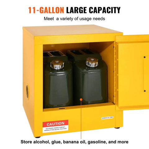 Flammable Storage Cabinet Galvanized Steel With Double Wall Construction 17 By 17 By 18 Inches open with containers inside