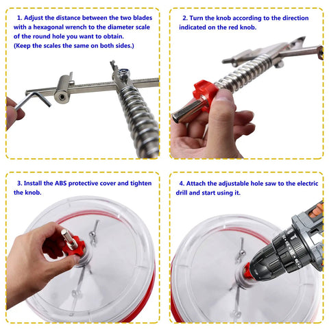Steps to use Adjustable Hole Saw Cutter Kit From One And Five Eighths Inch To Eight Inches With Twin Blade And ABS Dust Shield.
