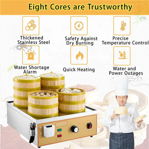 Stainless Steel Electric Steamer With Independent Water Supply And Anti Dry Burn Device Six Hole Dim Sum Steamer in use