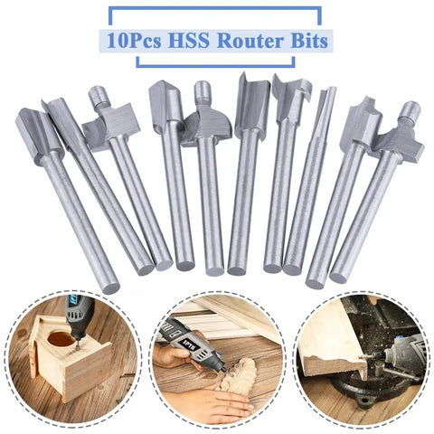 10 Piece HSS Pro Grade Router Bits Set With Titanium Coating One Eighth Inch Shank Thirty Eight Millimeter Length next to usage examples