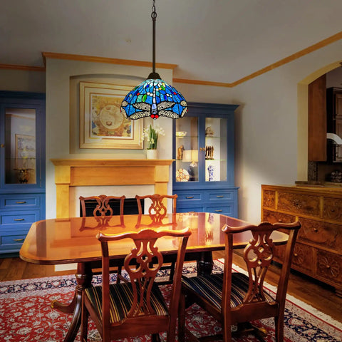 Dining room with Tiffany Style Stained Glass Pendant Light 12 Inch Wide Antique Blue Dragonfly Hanging Lamp With Adjustable 67 Inch Chain