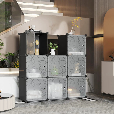 Cube Storage Organizer With Doors, 9 Cube Modular Shelves Closet Cabinet, DIY Plastic Bookshelf For Bedroom And Living Room