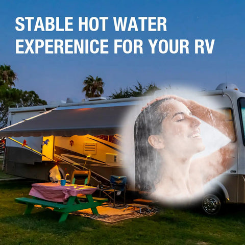 Woman enjoying shower with RV in background, promoting RV Water Heater Replacement Element 110V 1400W for Atwood Dometic 92249.