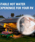 RV with awning at night and woman showering, highlighting Upgraded RV Water Heater Ignition Control Board For Atwood And Dometic 6 And 10 Gallon Gas Electric 12V Heaters That Fix Ignition Issues And Temperature Inaccuracy Replacement 91226 GC6AA 10E GCH6A 10E WH 6GEA