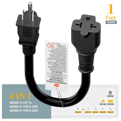 Beefy 15A To 20A Power Adapter Cable NEMA 5-15P To 5-15R 5-20R 6-15R 6-20R 4 In 1 12 AWG 1 Foot Black Cable For Home Use And Portable EV Chargers No Transformer Inside, showing NEMA connectors.